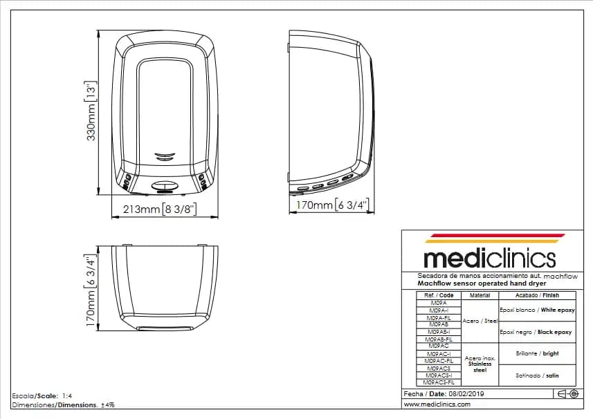 Сушилка для рук Mediclinics Macflow plus, ИК-датчик, 1500 Вт, цвет белый матовый, M09A